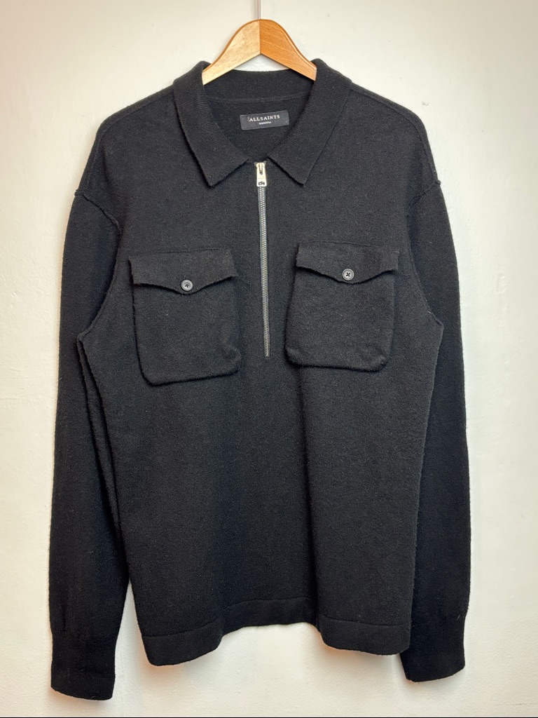All Saints Mens Medium Tomas Black Half-Zip Long-Sleeve Wool Jumper Polo Sweater